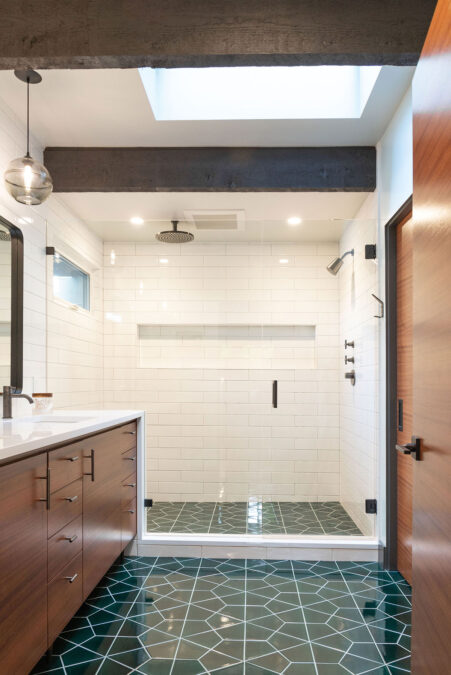 Modern Bathroom, Elegant Tile, Exposed Beams, Natural Light